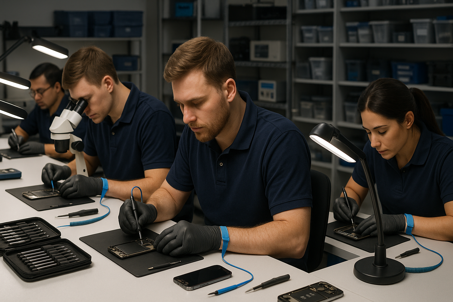genera l'immagine di un team che lavora alla riprazione di iphone. dev essere reale, prendila da fonti attemdibili e valide.